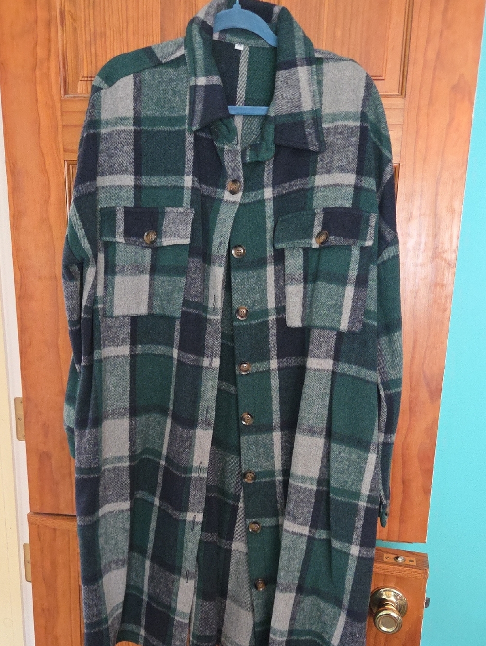 Amazon Green and Gray Plaid Button-Up Shacket